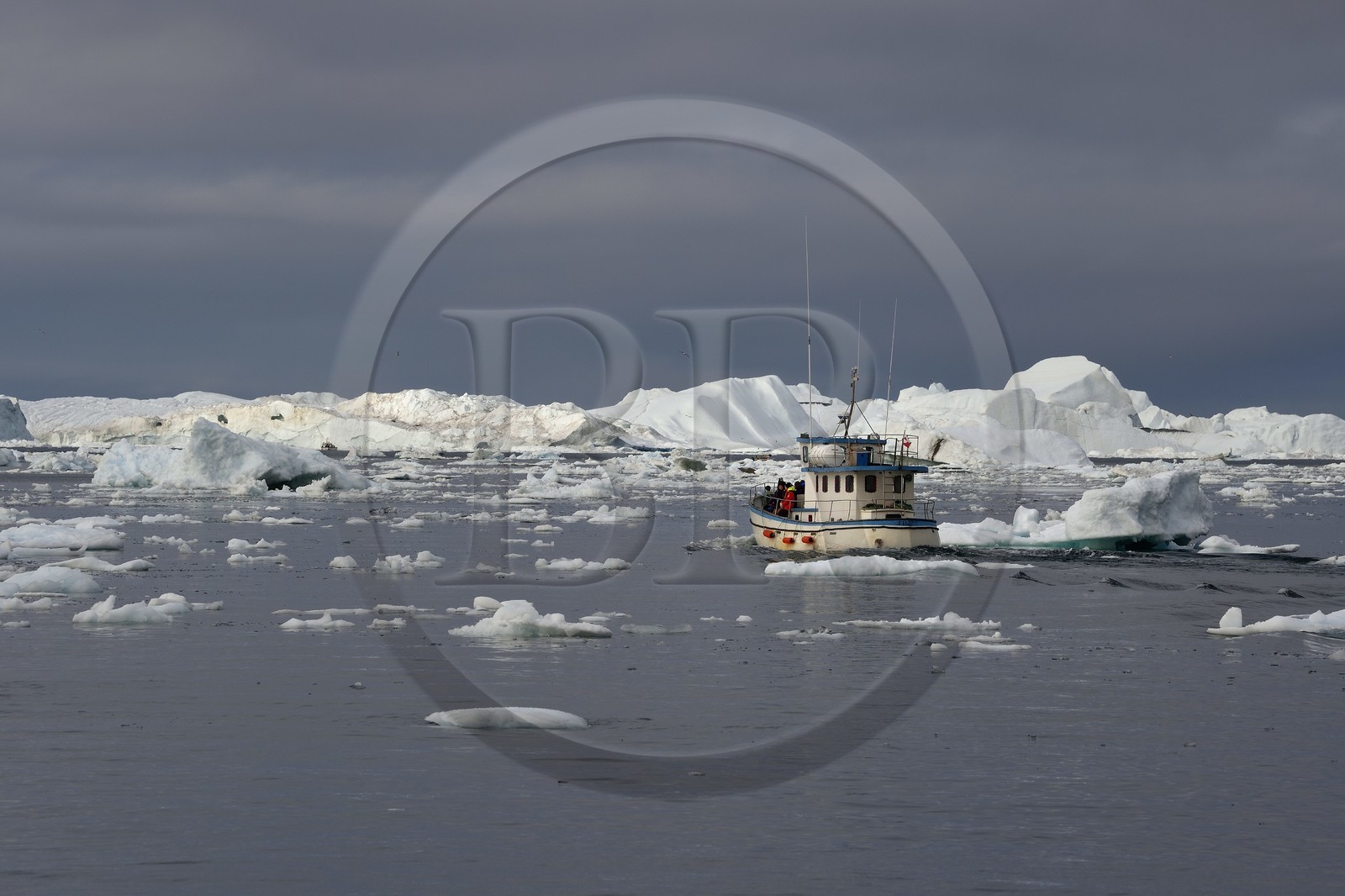 Groenland, cote ouest, baie de Disko, Ilulissat, fjord glacé classé Patrimoine Mondial de l'UNESCO qui est l’embouchure maritime du glacier Sermeq Kujalleq, ancien bateau de pêche reconverti pour la découverte des icebergs et l'observation des baleines