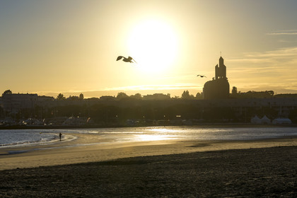 France, Charente-Maritime, Royan, Grande-Conche beach and Notre-Dame de Royan church in the background