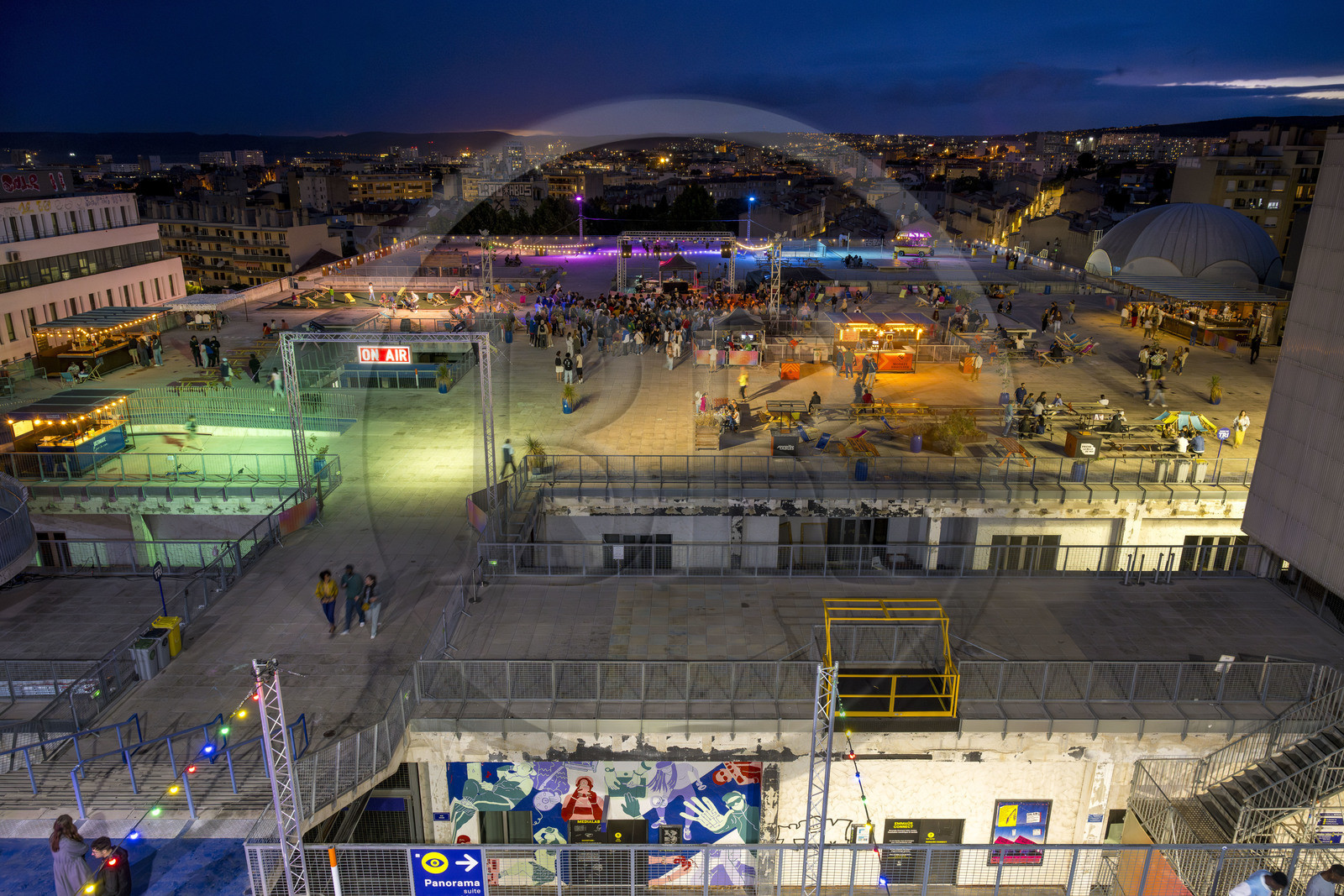 France, Bouches du Rhone, Marseille, La Friche de la Belle de Mai, The roof terrace hosts concerts on weekends in summer
