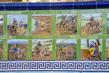 France, Alpes-Maritimes, Menton, Fontana Rosa Garden, Cervantes rotunda, ceramic tiles decorated benches depicting Don Quixote's adventures