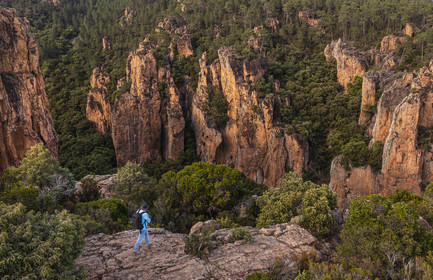 France, Var, between Bagnols en Foret and Roquebrune sur Argens, hiker at the entrance of the Gorges du Blavet (aerial view)