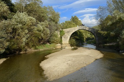 France, Corse du Sud, Sartene region, Arbellara, Spin'a Cavallu bridge, 12th century Genoese bridge over the Rizzanese river