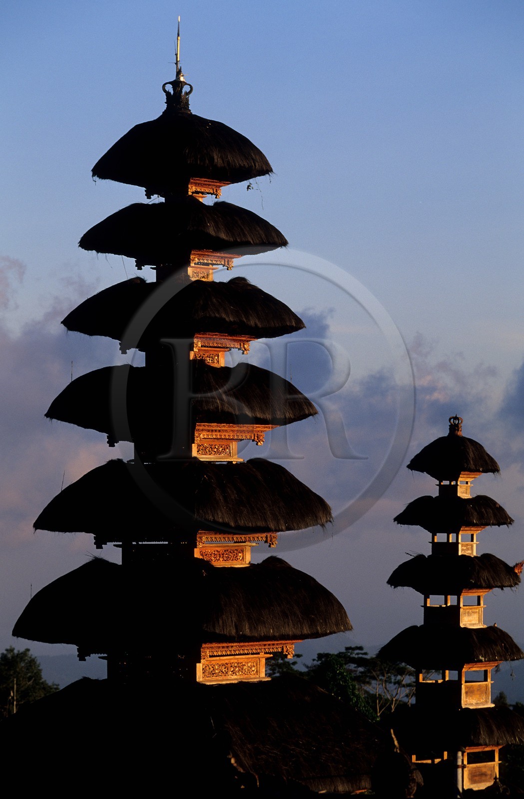 Indonesia, Bali Island, Pura (Temple) Besakih, Meru from Pura Penataran Agung with overlapping hipped roof system rising through the sky
