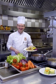 France, Haut Rhin, Sundgau, Hirsingue, Auberge des Trois Vallées, dish of fried carp submitted by the chef Pieter Harens