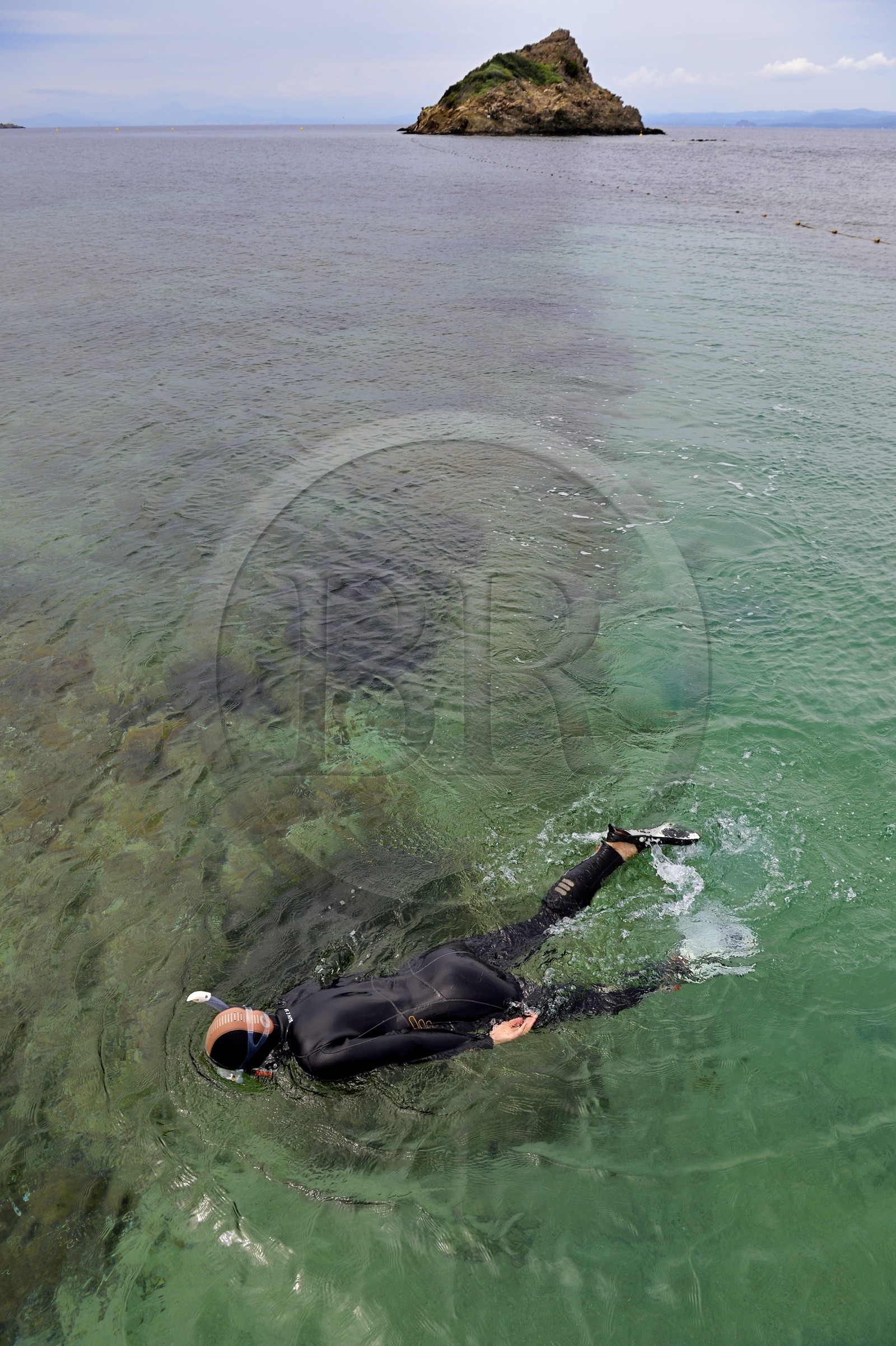 France, Var (83), Iles d'Hyères, Parc national de Port Cros, Ile de Port-Cros, plage de la Palud, le rocher du Rascas, sentier sous marin de la Palud