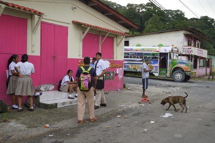Panama, Colon province, Portobelo, bus called Diablo Rojo (Red Devil) covered with garish paintings