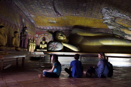 Sri Lanka, Central Province, Matale District, Dambulla, Cave temple, Royal Rock Temple also called Ran Giri (Golden Rock) listed as World Heritage by UNESCO, Cave 3 Maha Alut Vihara (the Great New Monastery), reclining Buddha