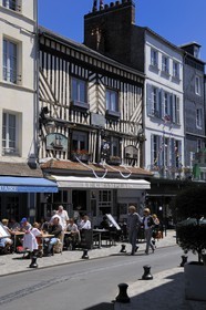 France, Calvados, Honfleur, restaurant terraces in the rue Haute