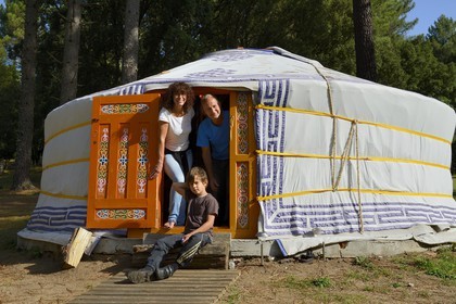 France, Corse du Sud, Alta Rocca, Mongolian yurt of the outdoor hotel Le Pré aux Biches, Henri Santoni and his family