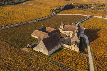 France, Cote d'Or, cultural Landscape of the climates of Burgundy listed as World Heritage by UNESCO, Vougeot, Route des Grands Crus (road of Vintage Wines), the vineyard and the Chateau du Clos de Vougeot (aerial view)