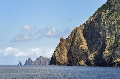 Portugal, Madeira Island, Porto da Cruz, hike from Machico to Porto da Cruz by the Vereda do Larano, the cliff of Larano and the Ponta de Sao Lourenço in the background