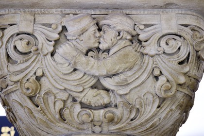 France, Moselle, Metz, Imperial district, railway station, built between 1905 and 1908 by the Berliner architect Jurgen Kruger, column pediment showing joy of reunion then returning from travel