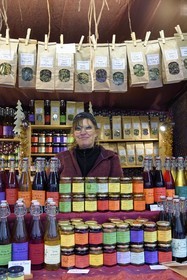 France, Haut Rhin, Strasbourg, Kaysersberg, stand of Nadine Robert from L'Herbier Des Lutins who collects and transforms wild plants and fruits