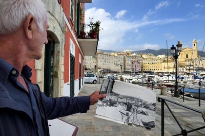 France, Haute Corse, Bastia, the harbour overlooked by St Jean Baptiste Church and photograph of the quai Albert Gillio a century ago