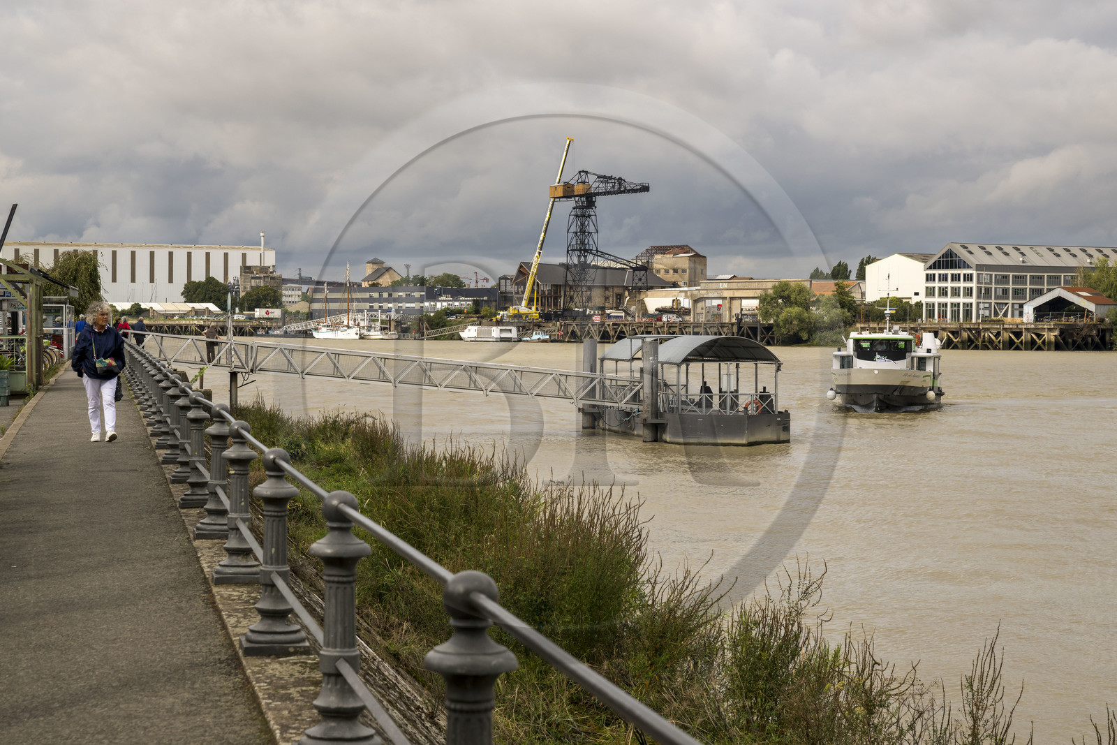France, Loire-Atlantique (44), banlieue de Nantes, Rezé, quartier Trentemoult, arrivée du Navibus à l'arrêt du quai Robert Surcouf et le quartier de Chantenay en arrière plan