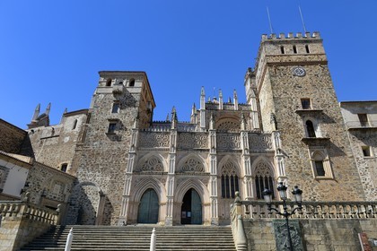 Spain, Extremadura, Guadalupe, Royal Monastery of Santa Maria de Guadalupe listed as World Heritage by UNESCO, main Square at the foot of the front of the church