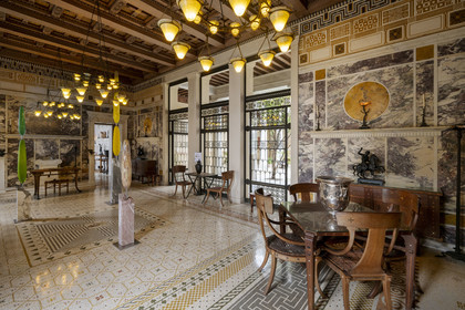 France, Alpes-Maritimes, Beaulieu-sur-Mer, neo-Greek style villa Kerylos build in 1908 by architect Emmanuel Pontremoli, the Andron or men's lounge whose walls are covered with marble from Italy