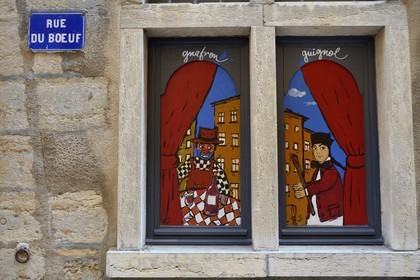 France, Rhone, Lyon, historical site listed as World Heritage by UNESCO, Vieux Lyon (Old Town), drawings of Guignol and Gnafron in rue du Boeuf