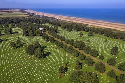 France, Calvados, Colleville sur Mer, the Normandy Landings Beach, Normandy American Cemetery and Memorial, Omaha Beach in the background