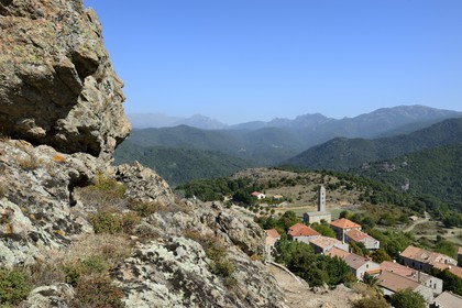 France, Corse du Sud, Alta Rocca, Carbini, Saint Jean Baptiste church and its campanile (Bell tower), the village was at the heart of the Giovannali heretic movement
