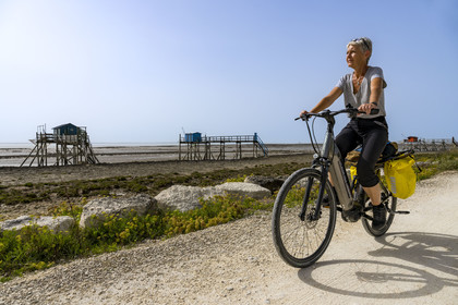 France, Charente Maritime, Port des Barques, Ile Madame, hiking cyclist passing huts on stilts called carrelets at low tide