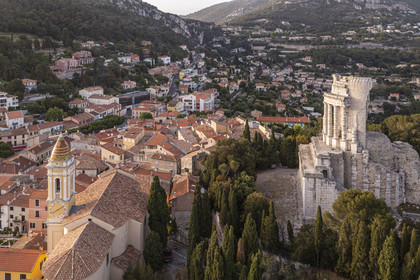 France, Alpes-Maritimes, La Turbie, La Turbie, Trophée d'Auguste or Trophée des Alpes, Roman monument built in the year 6 BC. and the baroque church of Saint Michel (aerial view)