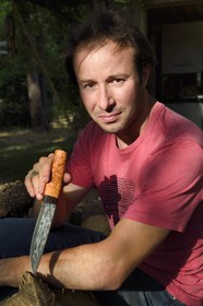 France, Vaucluse, Parc Naturel Regional du Luberon (Natural Regional Park of Luberon), Lourmarin, labelled Les Plus Beaux Villages de France (The Most Beautiful Villages of France), Matthias de Malet Roquefort wood carver and cutler
