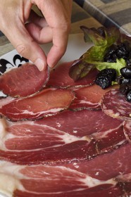 France, Corse du Sud, Prunelli river valley, Bastelica, Pascal Valentini charcuterie that manages the hotel-restaurant Chez Paul