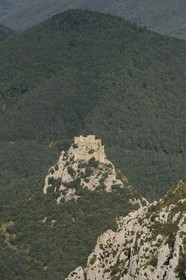 France, Aude, Cathar castle of Puilaurens (aerial view)