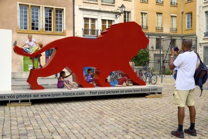 France, Rhone, Lyon, historical site listed as World Heritage by UNESCO, Vieux Lyon (Old Town), in Place St Jean under the Notre Dame de Fourviere Basilica, OnlyLyon is the aglomeration Communication label