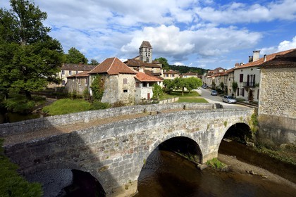 France, Dordogne, Périgord Vert, Saint Jean de Cole, labelled Les Plus Beaux Villages de France (The Most beautiful Villages of France), the medieval bridge of the 12th century and Saint Jean Baptiste Bell tower