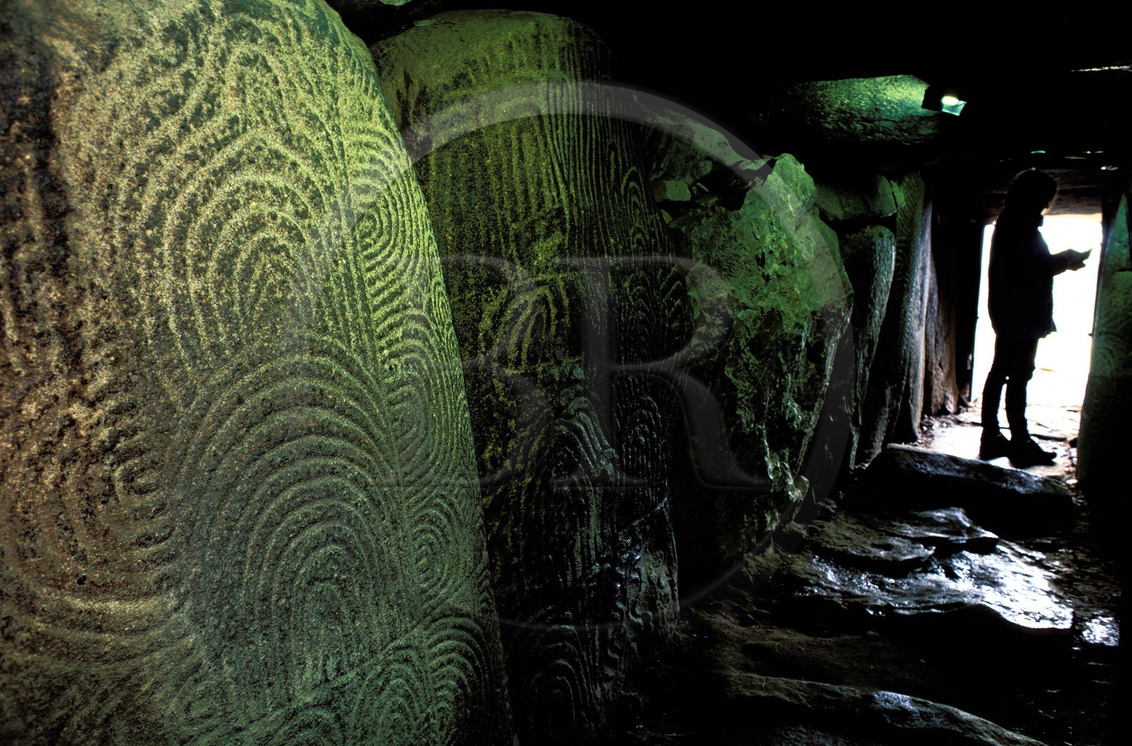 France, Morbihan (56), Golfe du Morbihan, galerie couverte entièrement gravée du tumulus de Gavrinis 3500 avant JC