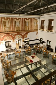Spain, Andalusia, Cordoba, Hospes Palacio del Bailio hotel, remains of the ancient Roman house under the dining room