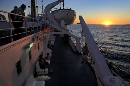 Italy, Tuscany, ferry to the Island of Elba at sunset