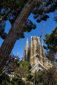 Espagne, Catalogne, Barcelone, quartier de l'Eixample, basilique de la Sagrada Familia de l'architecte du modernisme catalan Antoni Gaudi classée Patrimoine Mondial de l'UNESCO, la façade de la passion
