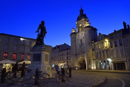 France, Charente-Maritime, La Rochelle,  statue of Baron Victor Guy Duperre and Great Clock Gate