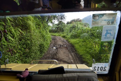 Philippines, Ifugao province, Banaue region, jeepney (elongated jeep to transport passengers) progressing on a mountain track to Cambulo