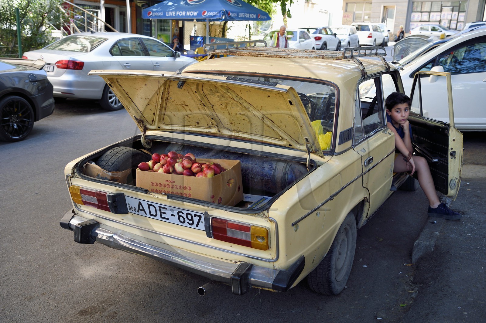 Géorgie, Tbilissi, rue Merab Kostava, vendeur de pommes à la sauvette