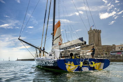 France, Vendee, Les Sables d'Olonne, skipper Manuel Cousin training on his 60-foot monohull sailboat IMOCA Coup de Pouce