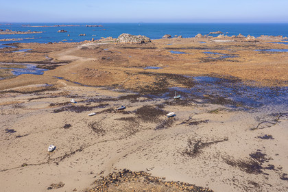 France, Côtes-d'Armor (22), Côte d'Ajoncs, Plougrescant, Anse de Pors (Porz) Scaff à marée basse (vue aérienne)