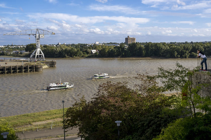 France, Loire-Atlantique (44), Nantes, Ile de Nantes, le Navibus passant devant le Hangar à Bananes sur les quais de Loire, la Grue Titan grise et la Maison Radieuse de Le Corbusier en arrière plan, vue depuis les hauteurs de Chantenay