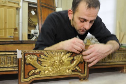 France, Yvelines, Chateau de Versailles, the castle restoration workshop, wood workshop, Philippe Cuciniello