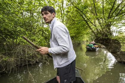 France, Vendée (85), Parc Interrégional du Marais Poitevin labellisé Grand Site de France, Maillezais, le batelier Mathis Babin armé de sa pigouille (perche en bois) pousse sa barque dans les conches sur les affluents de l'Autise