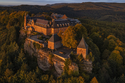 France, Bas Rhin, Mont Saint Odile, Mont Sainte-Odile Abbey also known as Hohenburg Abbey, statue of Saint Odile placed on the roof of the convent and facing the plain of Alsace (aerial view)