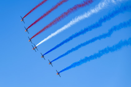France, Bouches du Rhone, Salon de Provence, air base 701, base of the Patrouille de France (PAF for Patrouille acrobatique de France) of the French Air and Space Force, Alphajet planes fly in formation Big Arrow