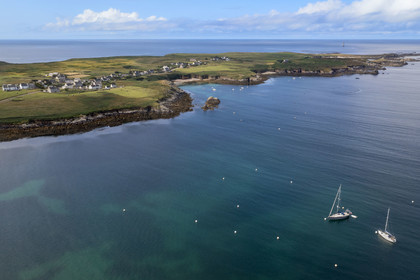 France, Finistère, Iroise Sea, Ouessant Island, the bay of Lampaul and the peninsula of Feunteun Velen (aerial view)
