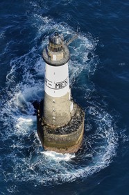 France, Finistere, Iroise Sea, Parc Naturel Regional d'Armorique (Natural Regional Park of Armorique), Ile de Sein, Chaussee de Sein, Ar-Men lighthouse (aerial view)