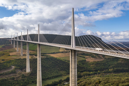 France, Aveyron, Grands Causses regional natural park, Millau, the Millau viaduct by architects Michel Virlogeux and Norman Foster, between the Causse du Larzac and the Causse de Sauveterre above the Tarn river (aerial view)