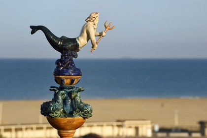France, Calvados, Pays d'Auge, Deauville, Normandy Barriere Hotel, finial (hip-knob) representing Poseidon, typical on the rooftops of the Pays d'Auge