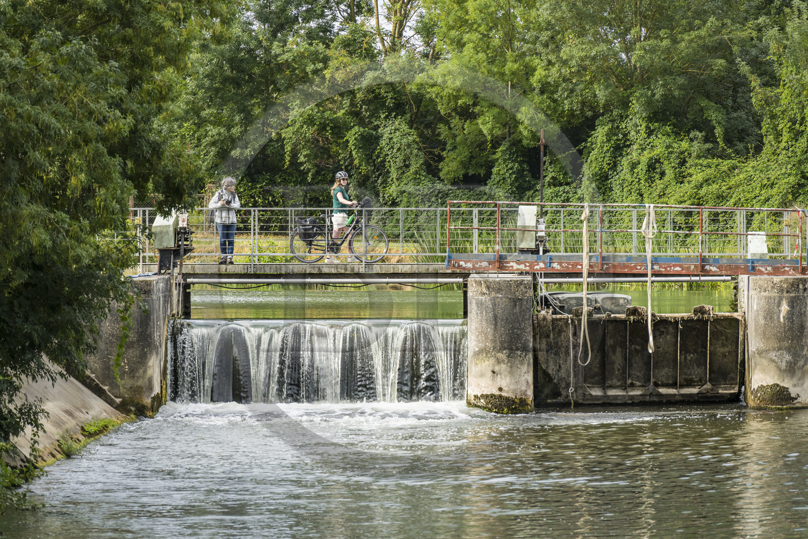 France, Deux-Sèvres (79), le Marais Poitevin, la Venise Verte, Magné, barrage et passerelle sur la Sèvre Niortaise, randonnée à bicyclette